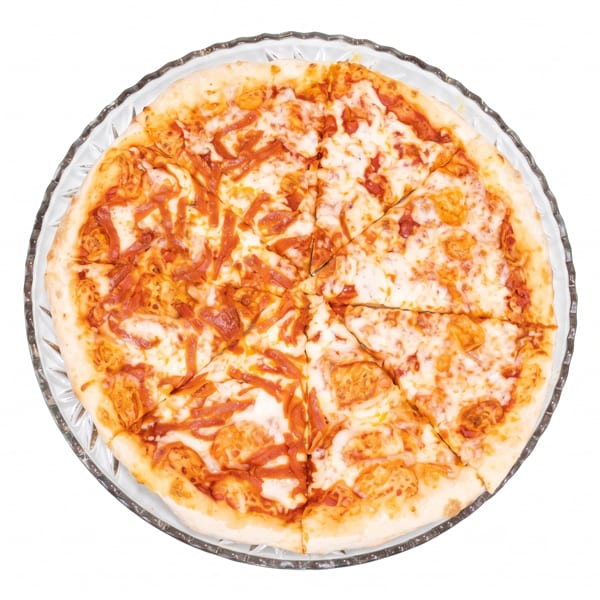 A whole round pizza, cut into slices, with melted cheese and tomato sauce on a clear glass plate.