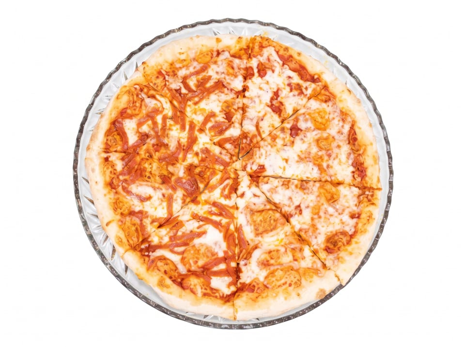 A whole round pizza, cut into slices, with melted cheese and tomato sauce on a clear glass plate.