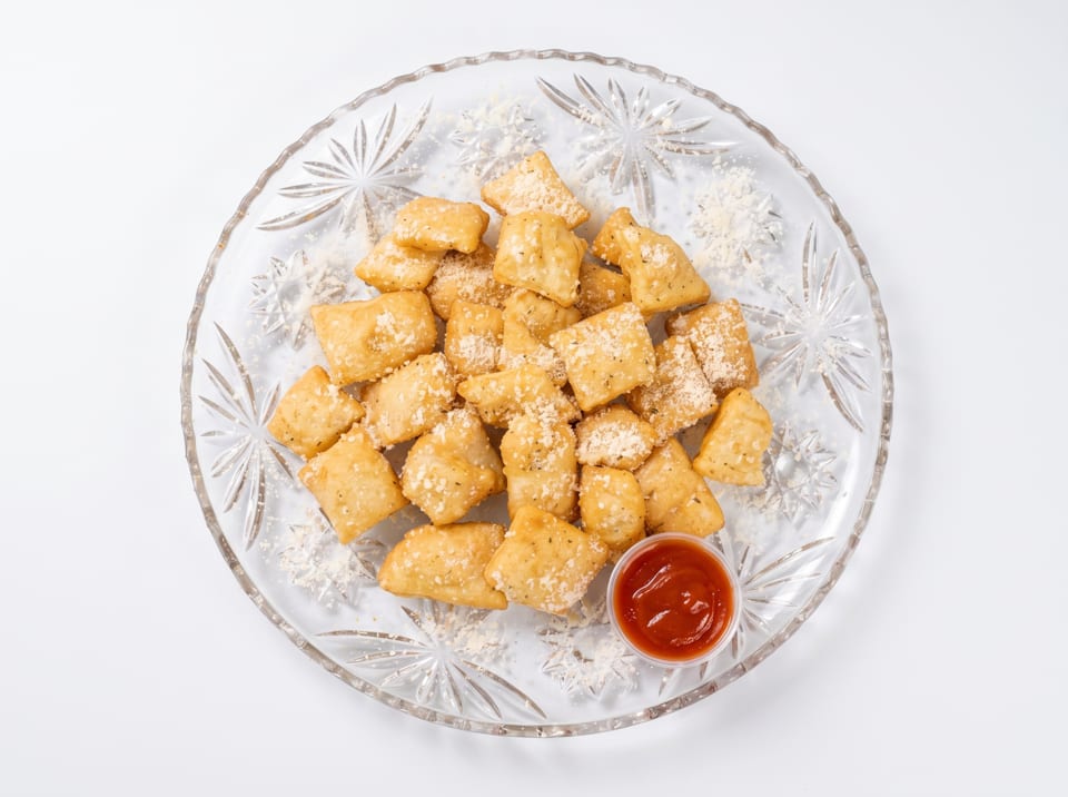 Golden fried pasta chips with parmesan cheese and a side of red dipping sauce on a clear plate.