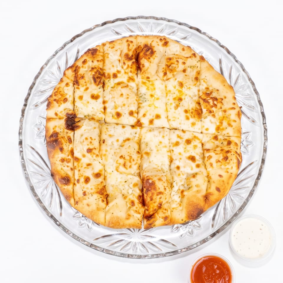 Cheesy garlic breadsticks on a clear glass plate with marinara and ranch dipping sauces.
